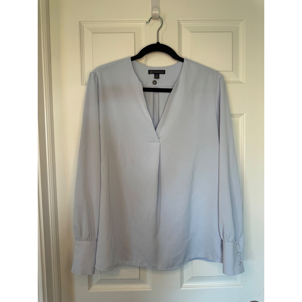 Brooks Brothers Womens Light Blue V-Neck Pleat Front Blouse Long Sleeve Size M